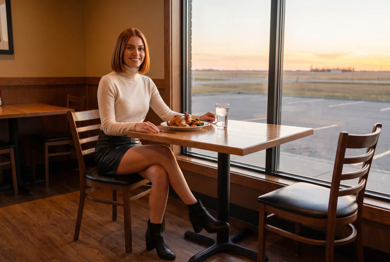 The same character sits at a window table in a warmly lit restaurant with a plate of roast chicken and vegetables, the prairie sunset outside.